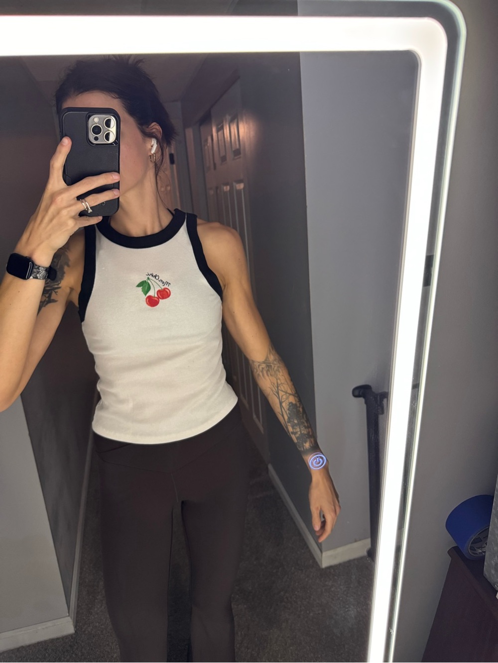 Sleeveless Cherry Logo Ribbed Tank Top - White with Navy Trim